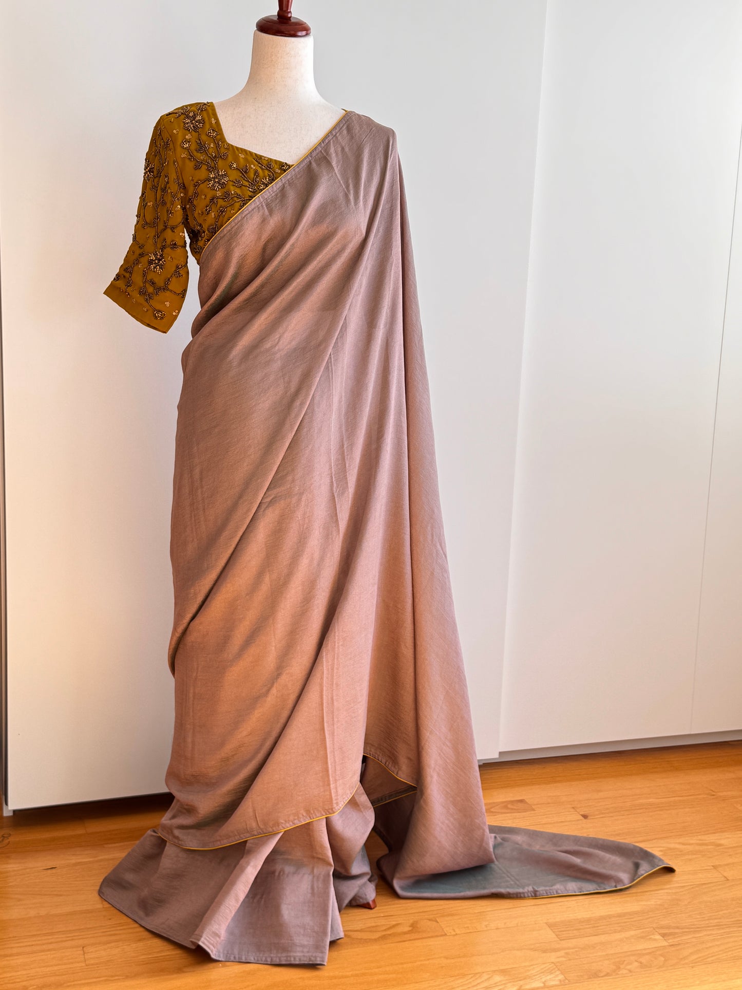 Beige Fancy Silk Saree with Stitched Embroidery Blouse size(L)