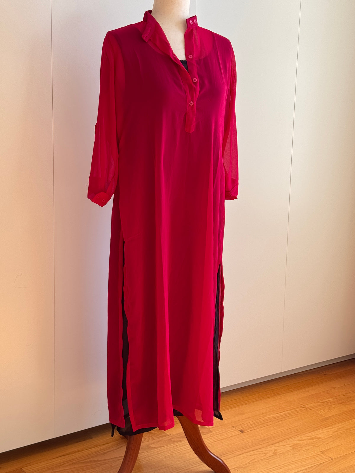 Pink and Deep Navy Faux georgette sleeveless inner and collar neck slit top (SIZE- L)