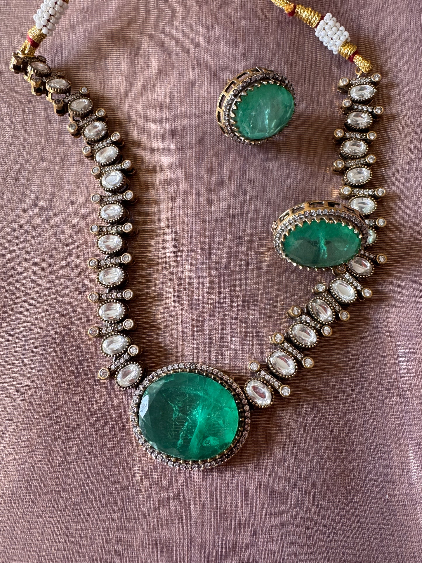 Green Uncut Polki and glass stone necklace set