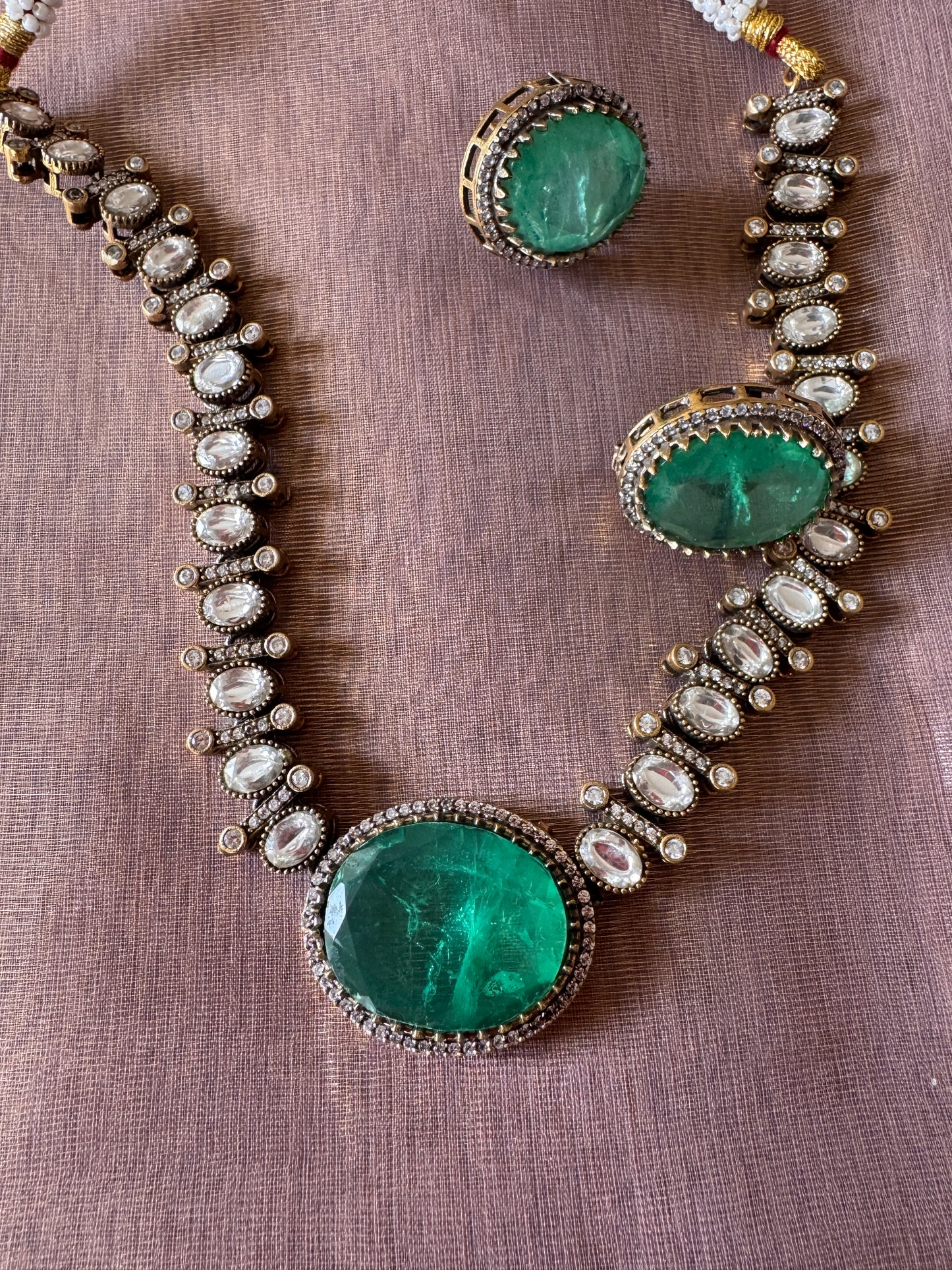 Green Uncut Polki and glass stone necklace set