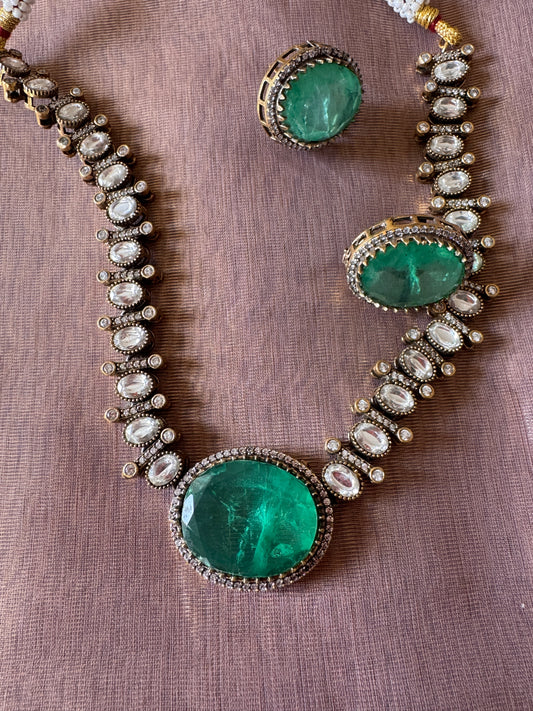 Green Uncut Polki and glass stone necklace set