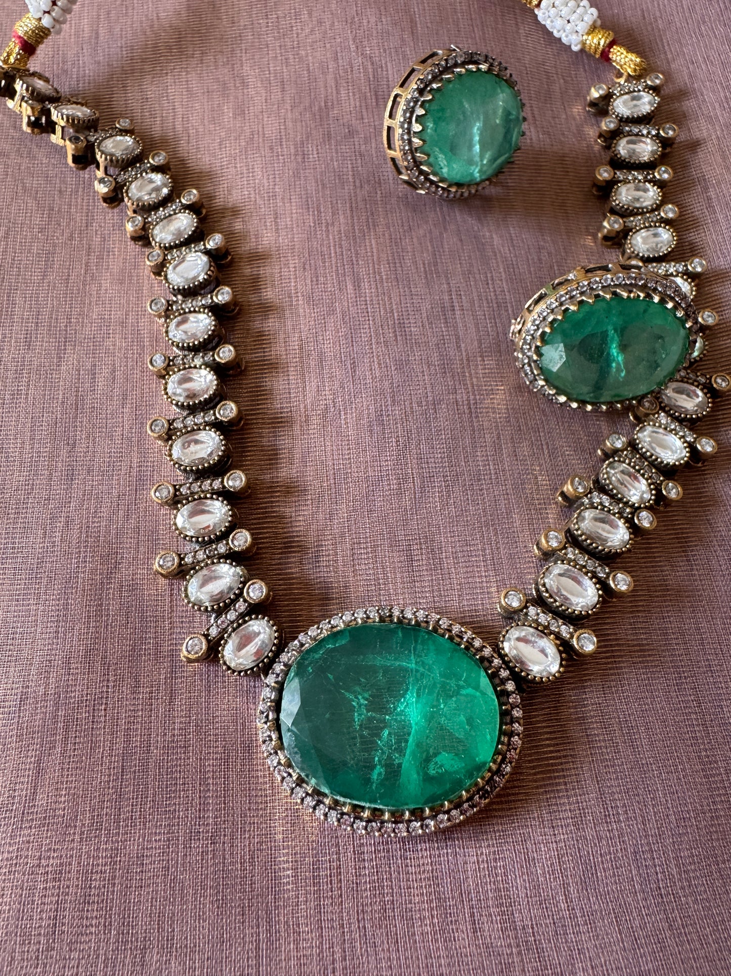 Green Uncut Polki and glass stone necklace set