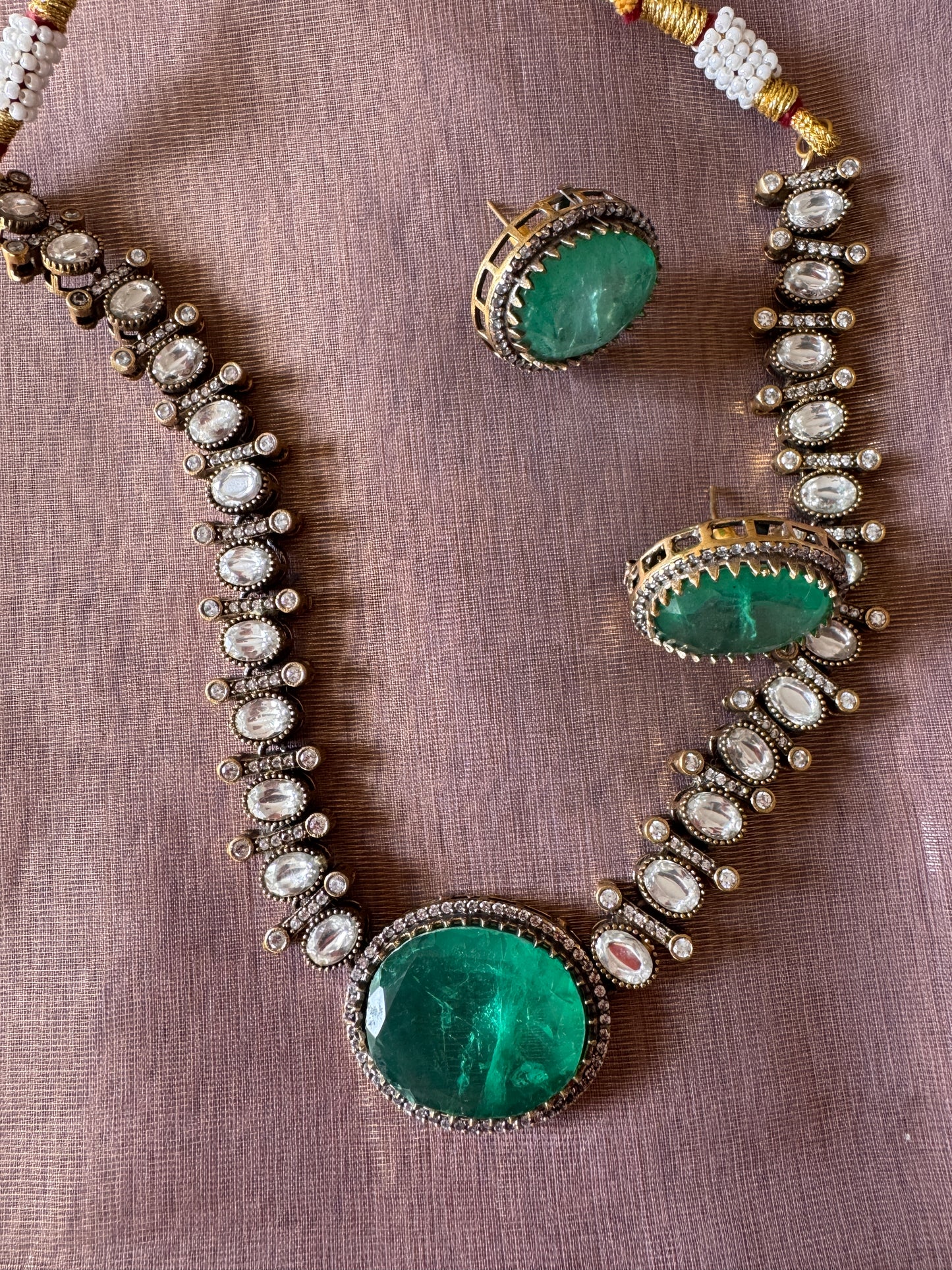 Green Uncut Polki and glass stone necklace set
