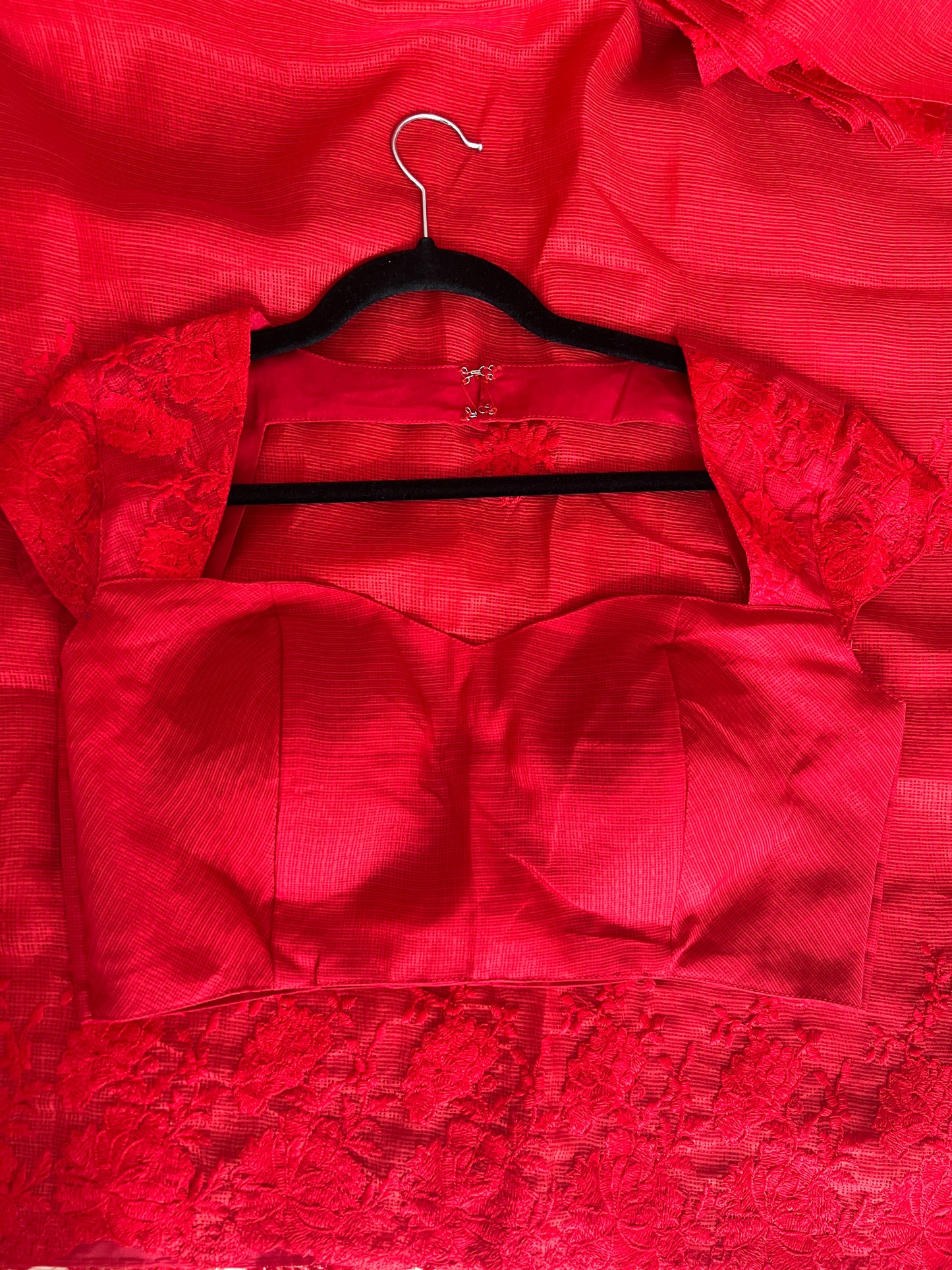 Red Color Kota fabric Saree with Embroidery Work with Stitched Blouse- Size-38