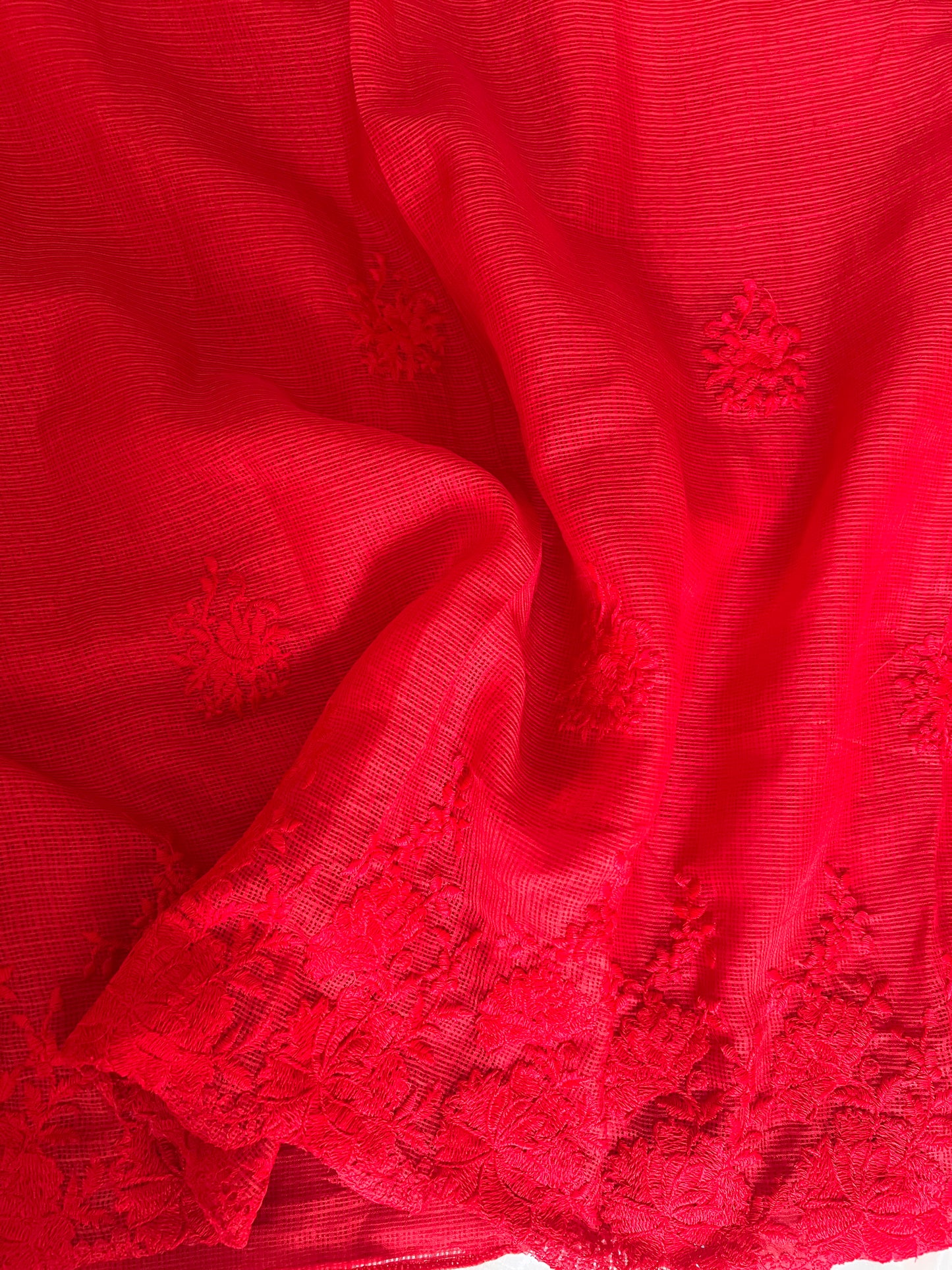 Red Color Kota fabric Saree with Embroidery Work with Stitched Blouse- Size-38