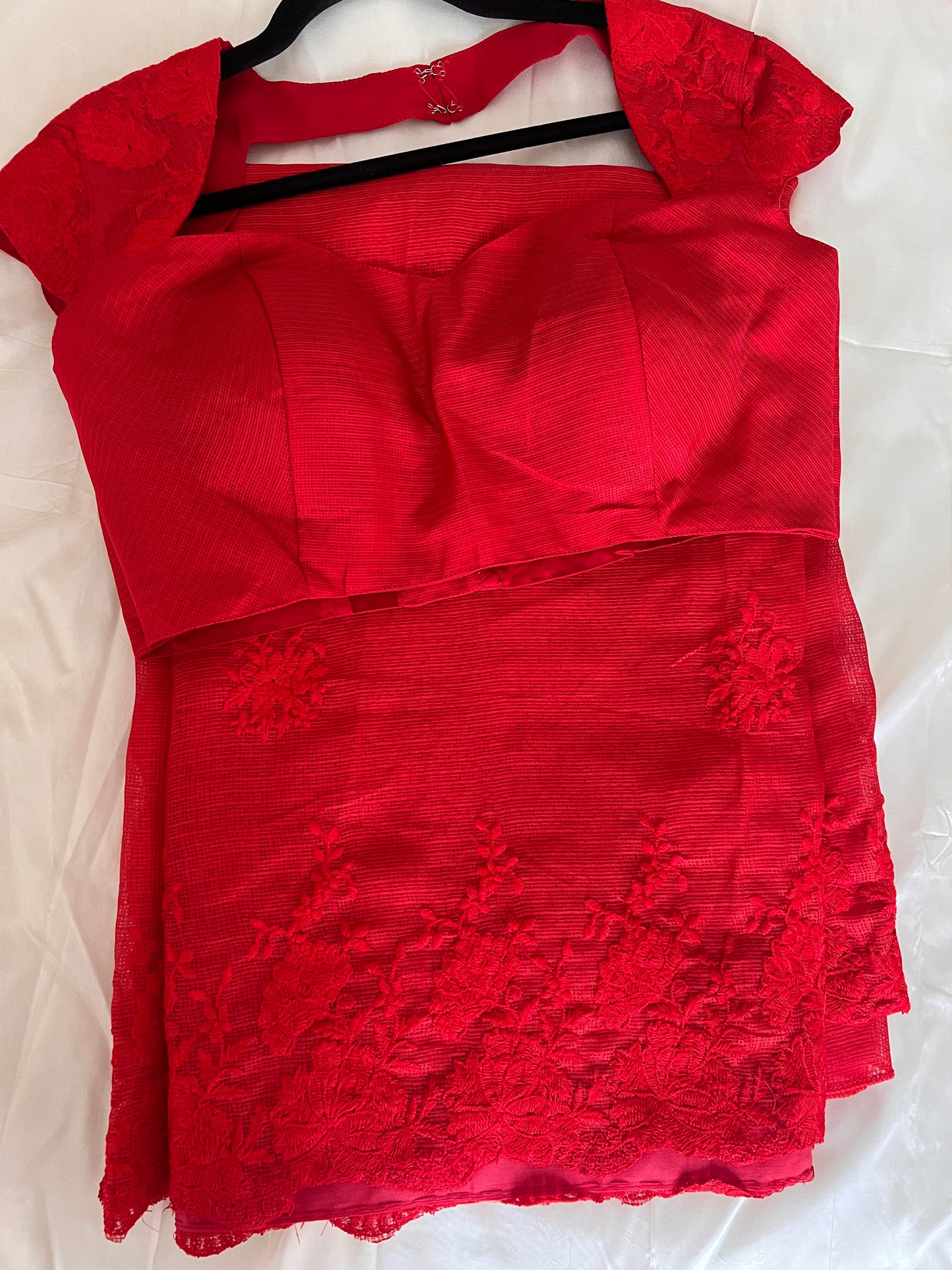 Red Color Kota fabric Saree with Embroidery Work with Stitched Blouse- Size-38