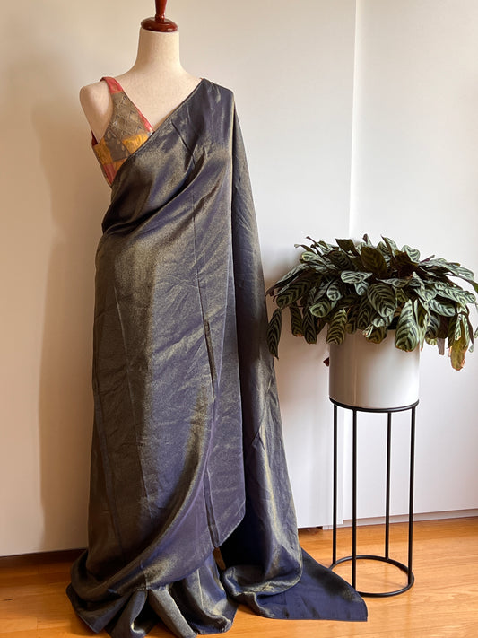 Navy Blue Soft Tissue Silk Designer Saree with Stitched Sleeveless Brocade Blouse (Size-L)