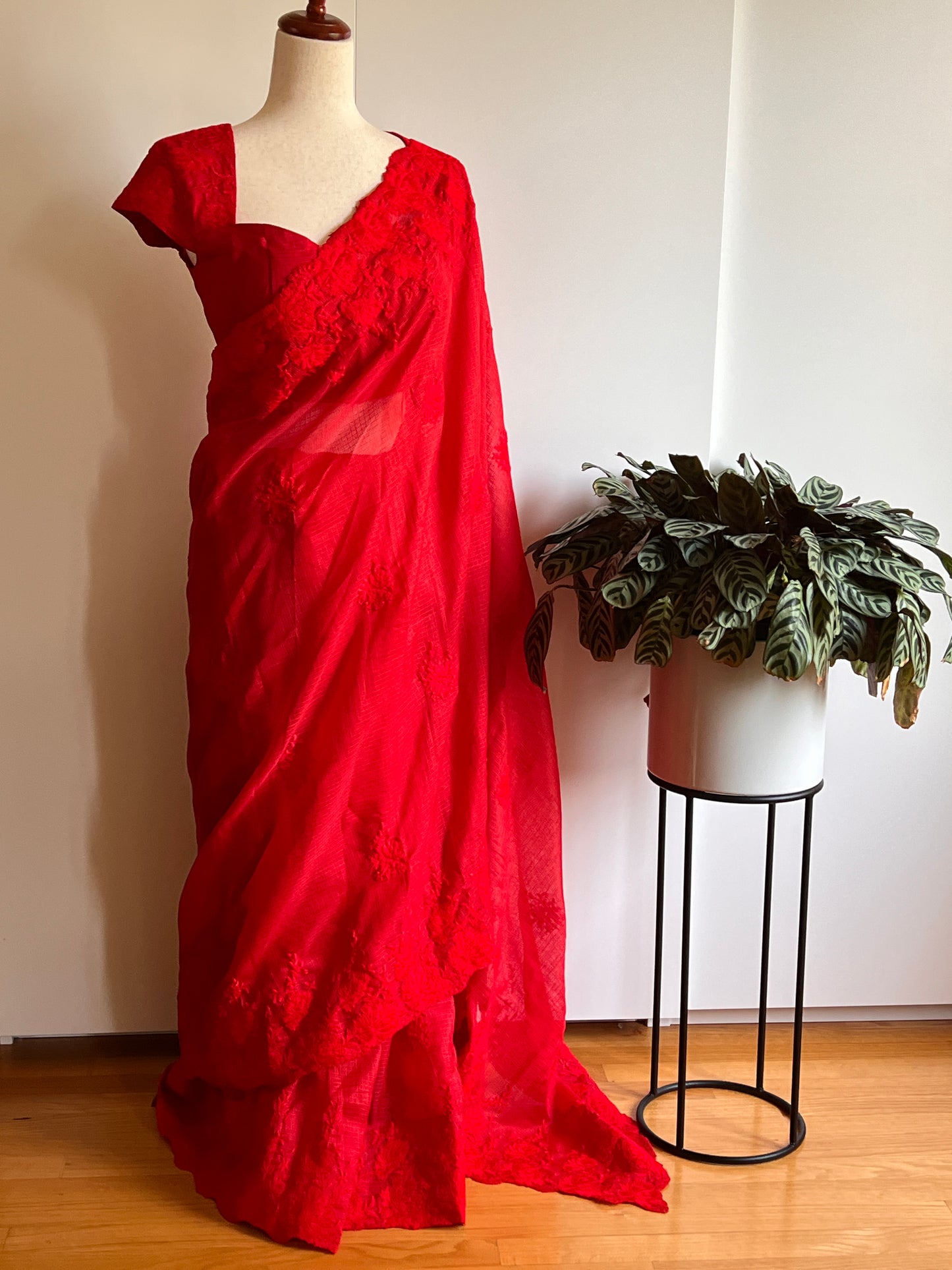 Red Color Kota fabric Saree with Embroidery Work with Stitched Blouse- Size-38