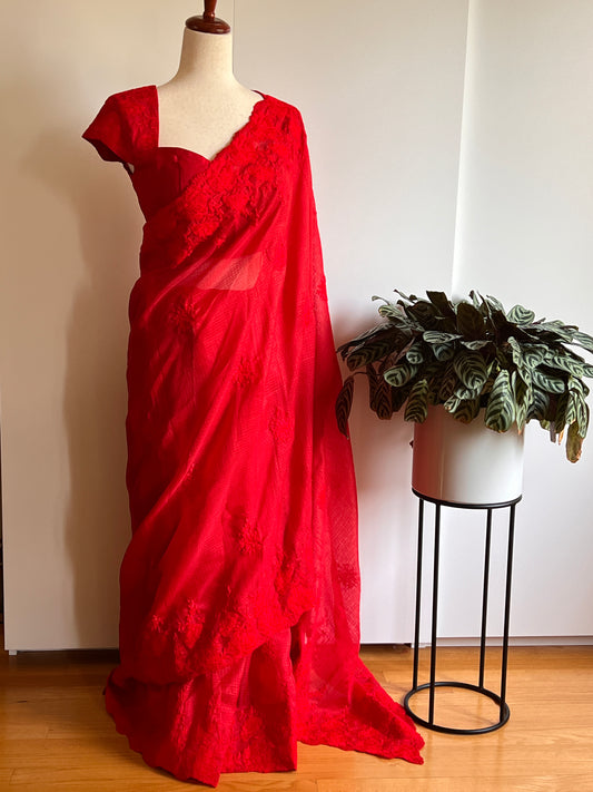 Red Color Kota fabric Saree with Embroidery Work with Stitched Blouse- Size-38