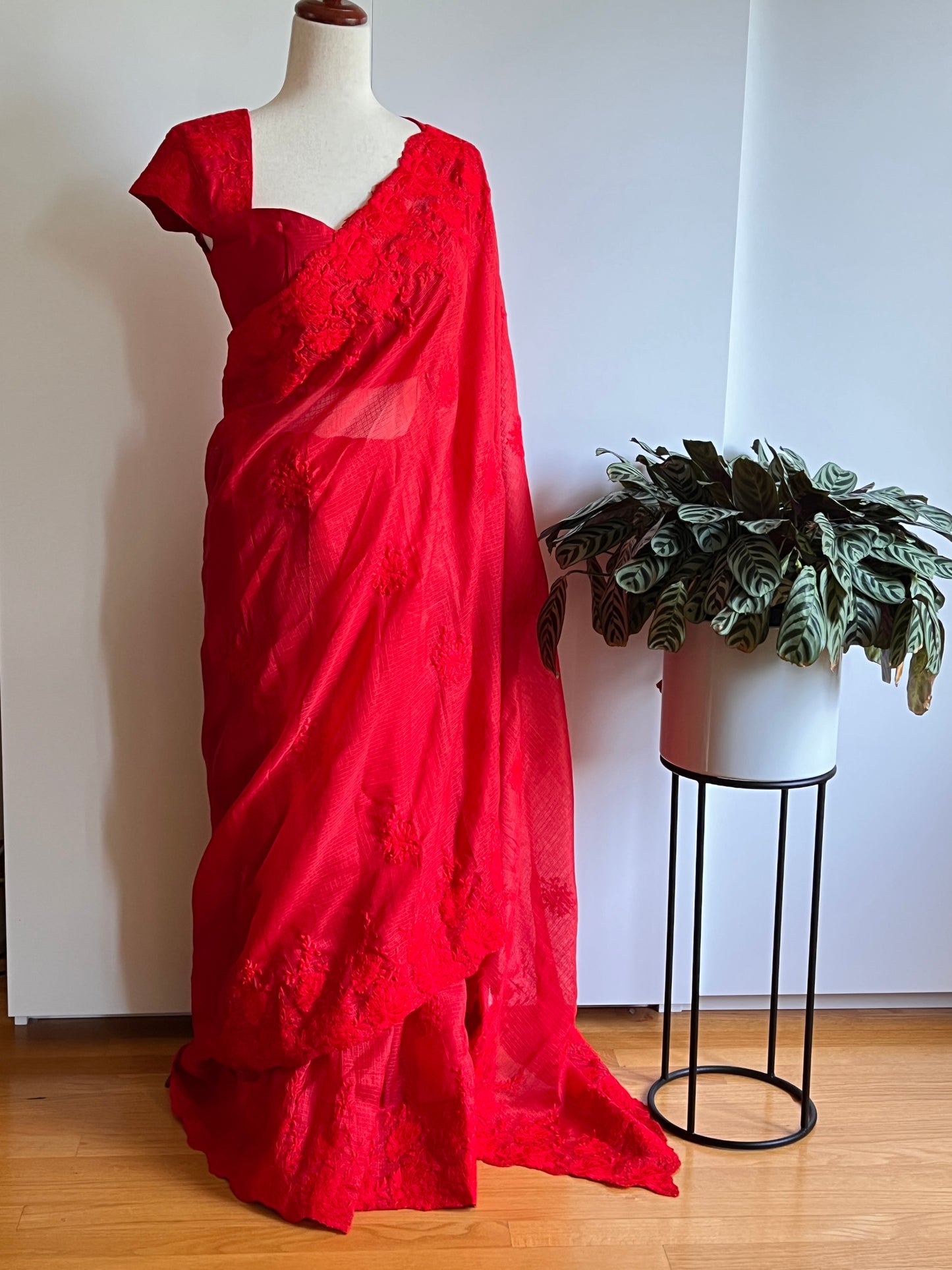 Red Color Kota fabric Saree with Embroidery Work with Stitched Blouse- Size-38