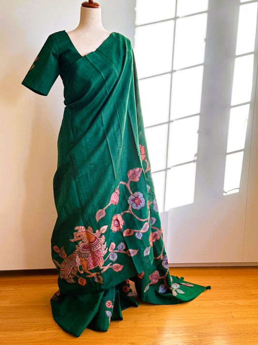 Semi tussar saree green with kalamkari applique work in borderless style with stitched blouse (SIZE-L)