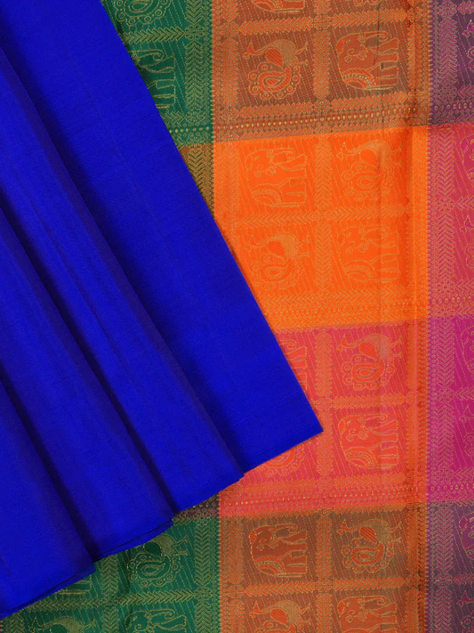 Blue Pure Kanchipuram Silk Saree with Multicolor Checks Border and Blouse