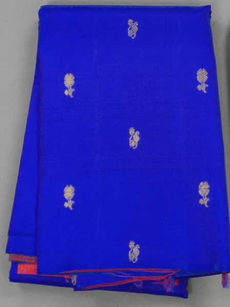 Blue Pure Kanchipuram Silk Saree with Multicolor Checks Border and Blouse