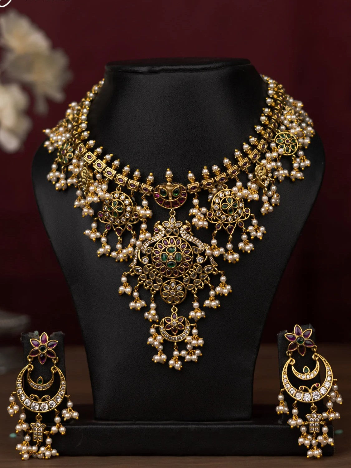 Antique guttapusalu Necklace double peacock design with kemp stones and pearl hangings set