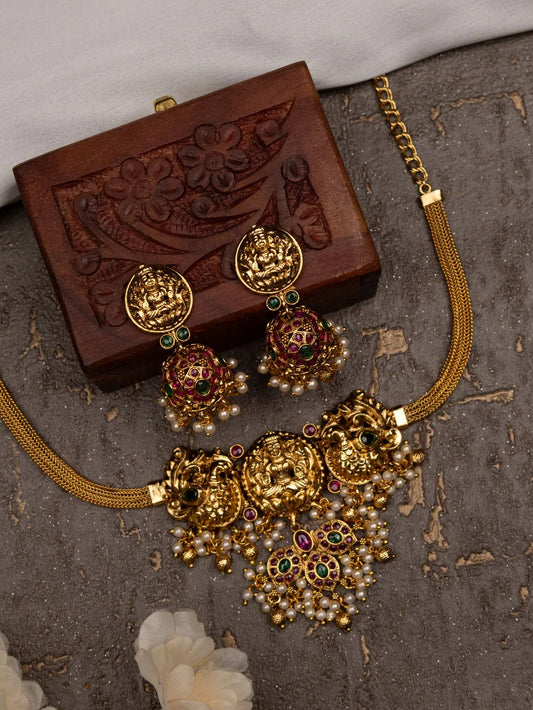 Antique necklace lakshmi design with kemp stones and pearl & golden beads hanging Earring Set