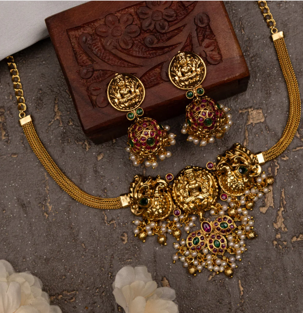 Antique necklace lakshmi design with kemp stones and pearl & golden beads hanging Earring Set