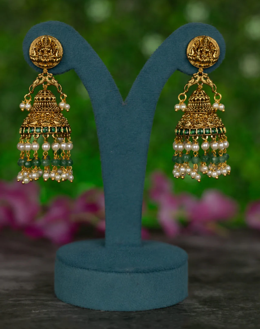 Antique jhumkas lakshmi design with green kemp and  cz stones and pearl & green beads hangings