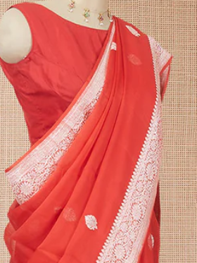 Red banarasi georgette saree with zari buttas, floral creeper zari border & pallu of paisley
