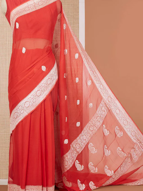 Red banarasi georgette saree with zari buttas, floral creeper zari border & pallu of paisley