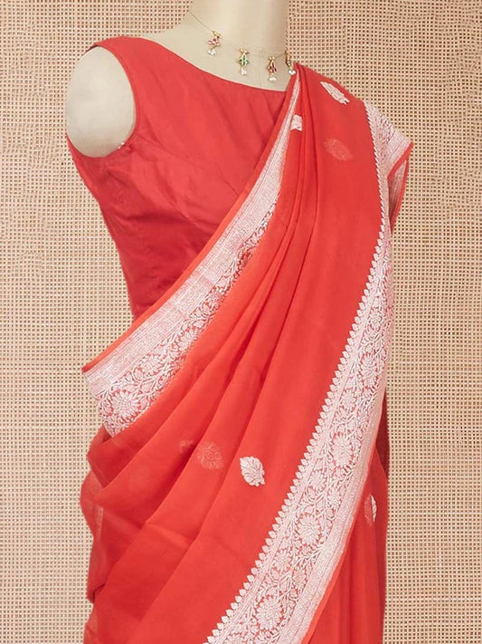 Red banarasi georgette saree with zari buttas, floral creeper zari border & pallu of paisley