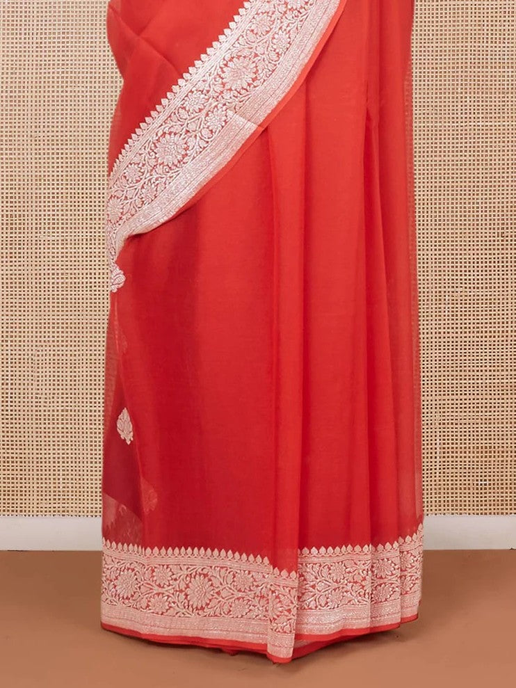 Red banarasi georgette saree with zari buttas, floral creeper zari border & pallu of paisley