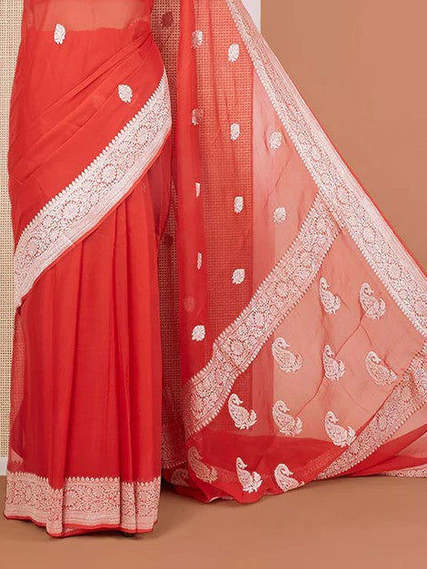 Red banarasi georgette saree with zari buttas, floral creeper zari border & pallu of paisley