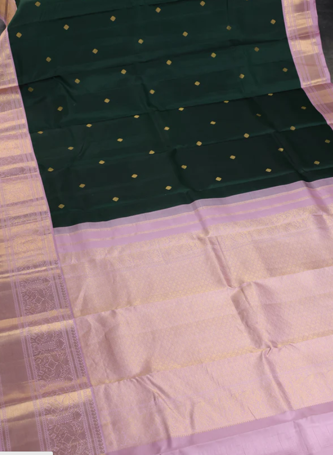 Pure kanchipuram silk saree bottle green and pastel pink