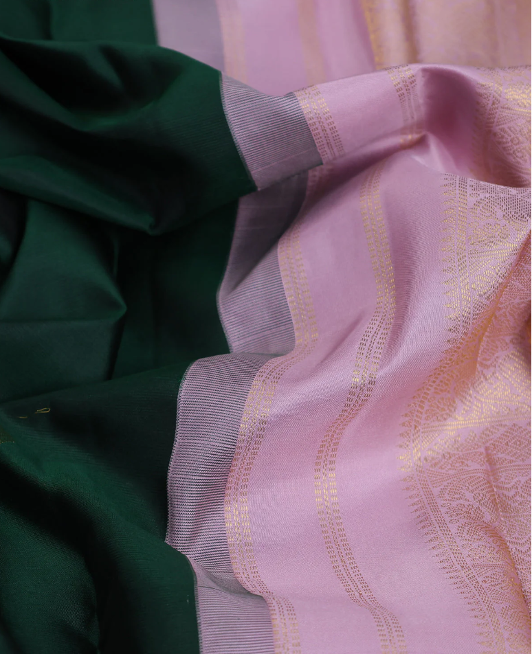 Pure kanchipuram silk saree bottle green and pastel pink