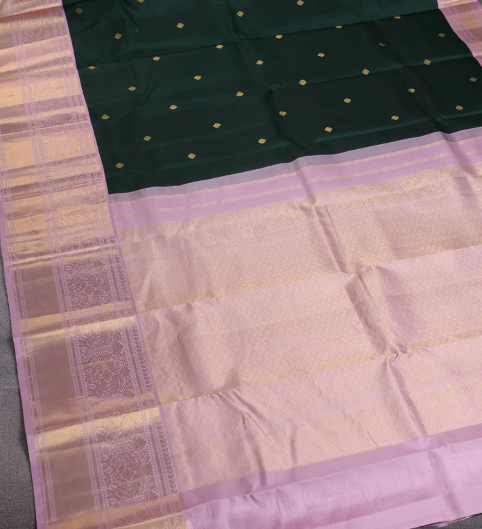 Pure kanchipuram silk saree bottle green and pastel pink