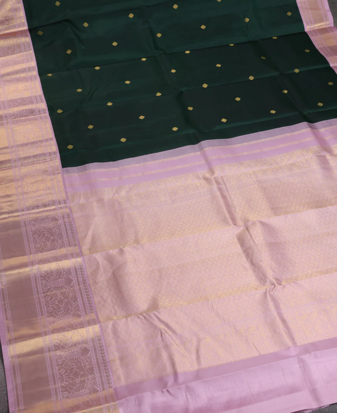 Pure kanchipuram silk saree bottle green and pastel pink