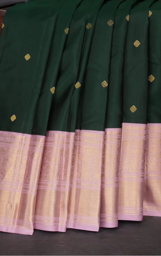 Pure kanchipuram silk saree bottle green and pastel pink