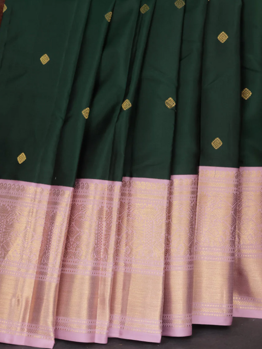 Pure kanchipuram silk saree bottle green and pastel pink